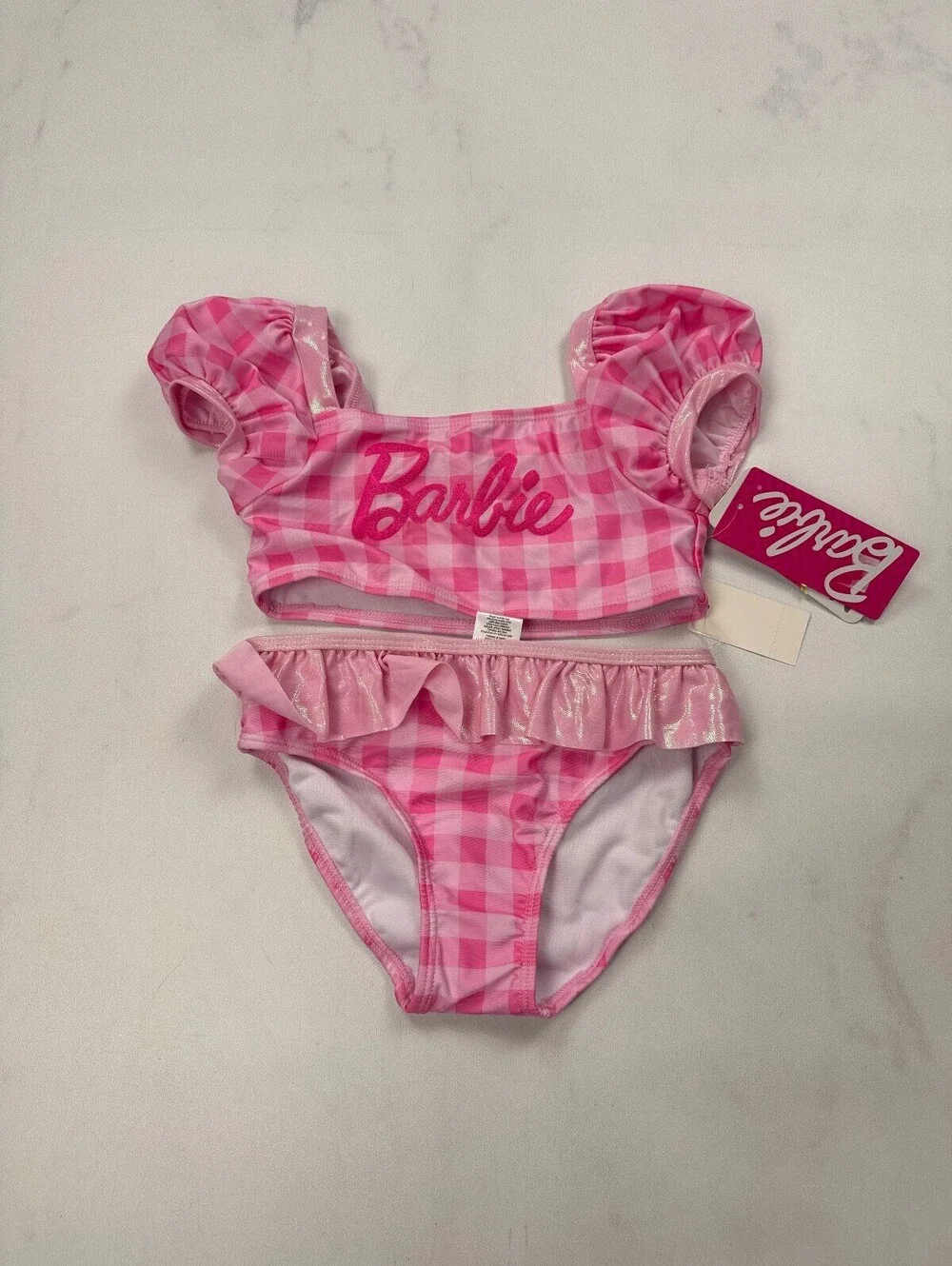 Barbie Printed Swimsuit Pink Modern Barbiecore Ruffle Detail - Girls 5T